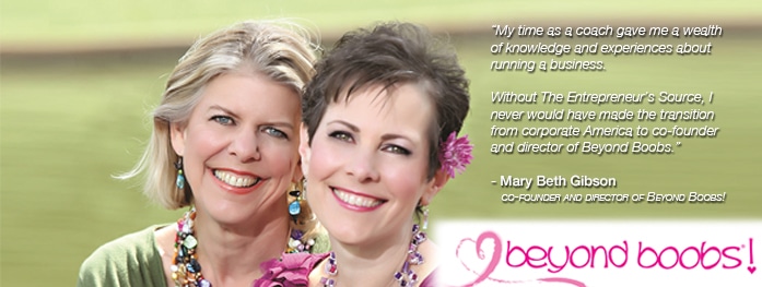 photo of two smiling women with Beyond Boobs text and quote