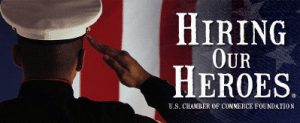 photo of male soldier saluting the American flag with Hiring Our Heroes text