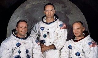 The Apollo 11 lunar landing mission crew, pictured from left to right, Neil A. Armstrong, commander; Michael Collins, command module pilot; and Edwin "Buzz" E. Aldrin Jr., lunar module pilot.