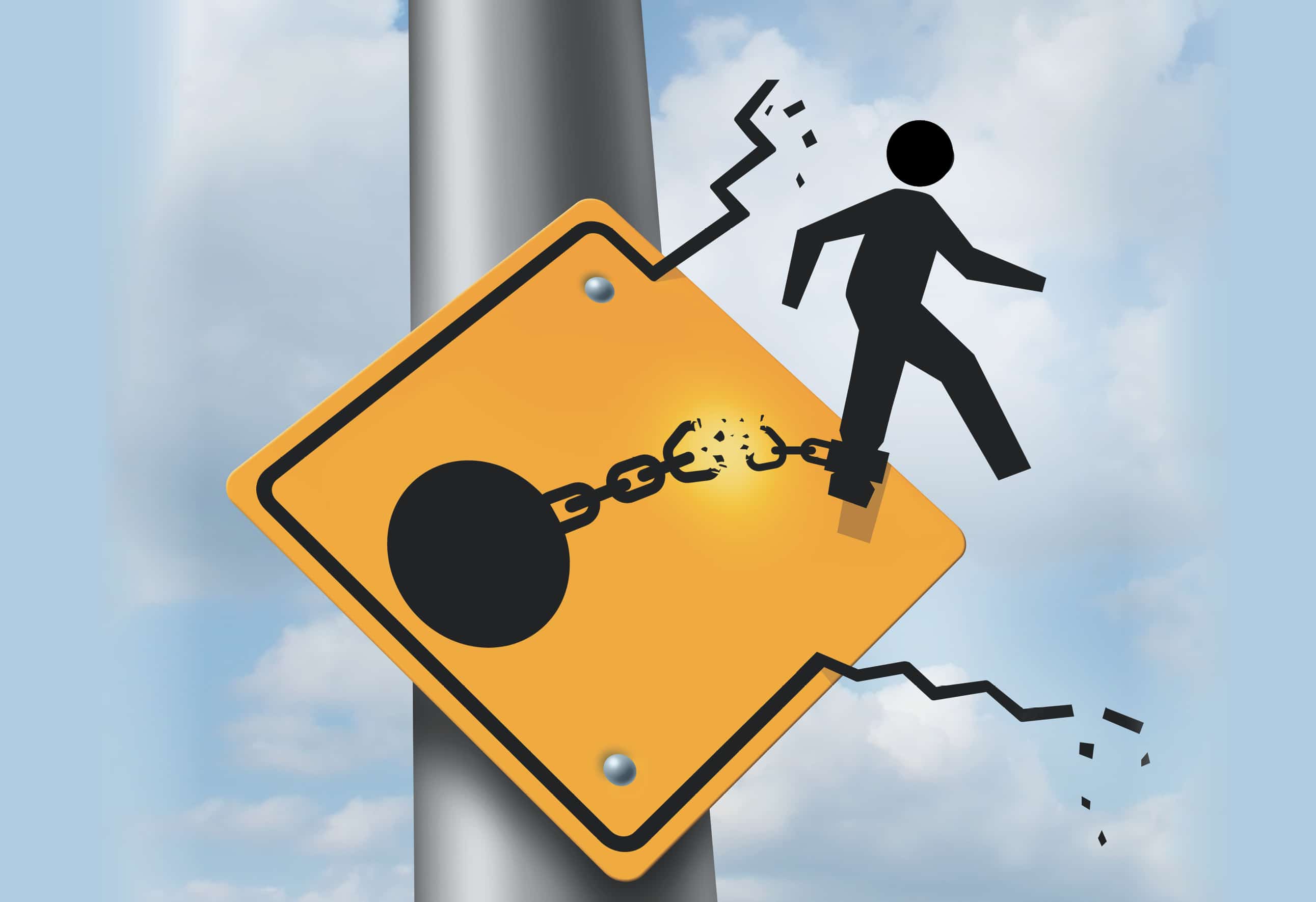 graphic of black figure breaking away from ball and chain on a traffic sign