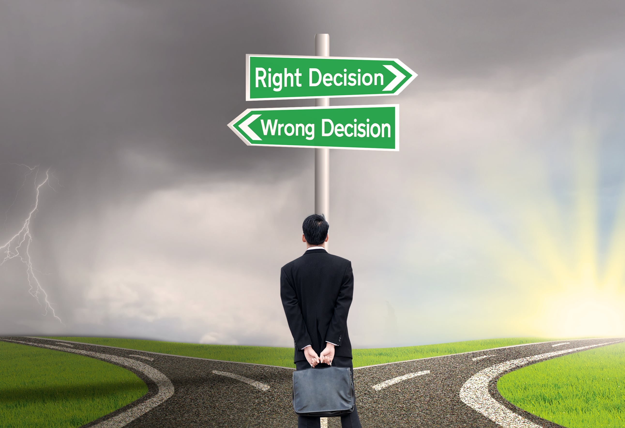 graphic of man standing at crossroads with a Right Decision sign and Wrong Decision sign