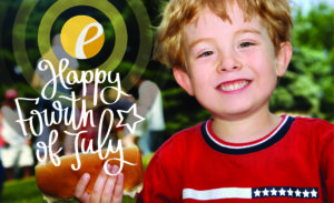 photo of boy holding hot dog with Happy Fourth of July text