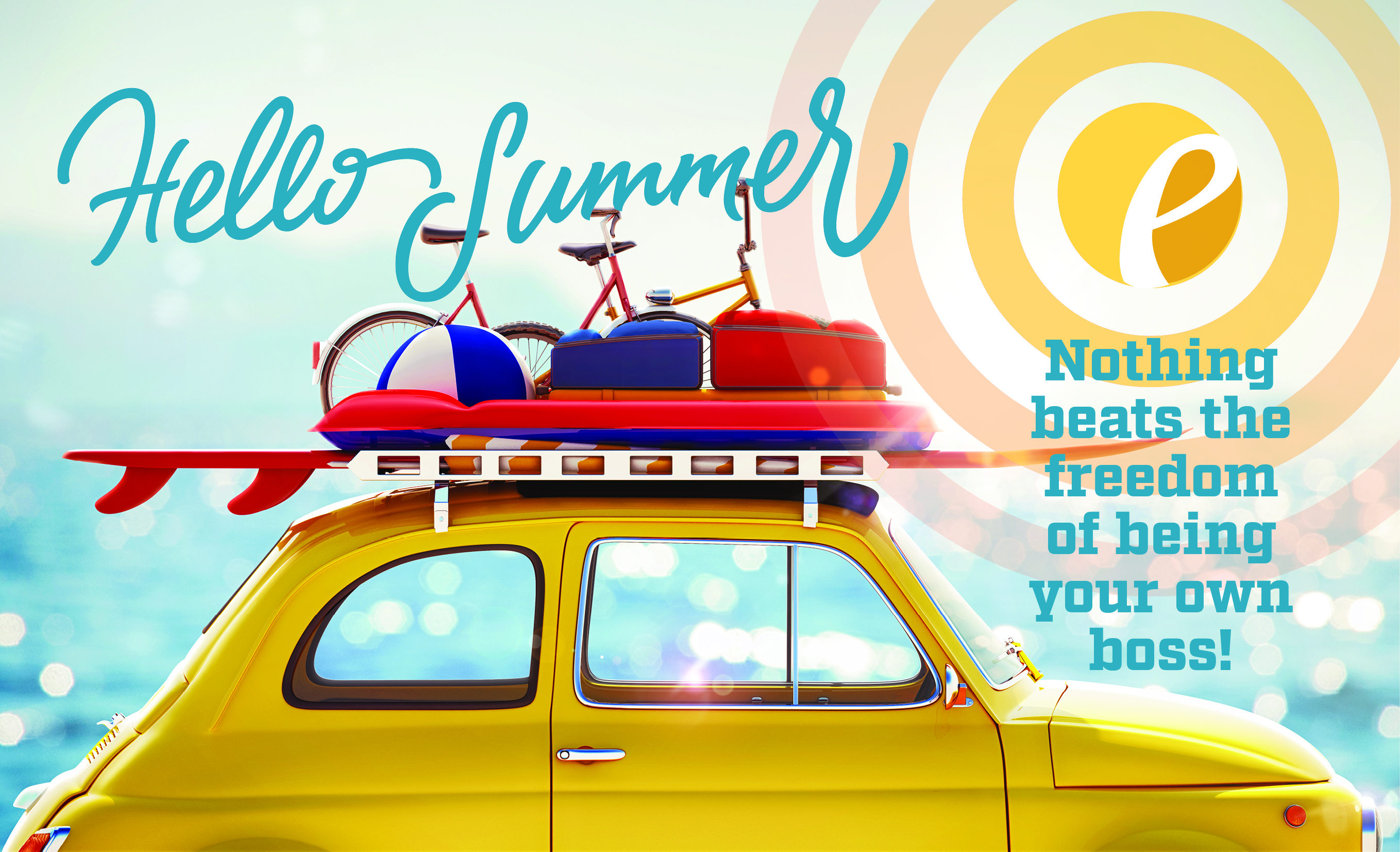 graphic of yellow car with beach equipment on the hood