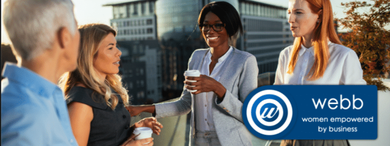 photo of four people drinking coffee with blue Women Empowered by Business logo