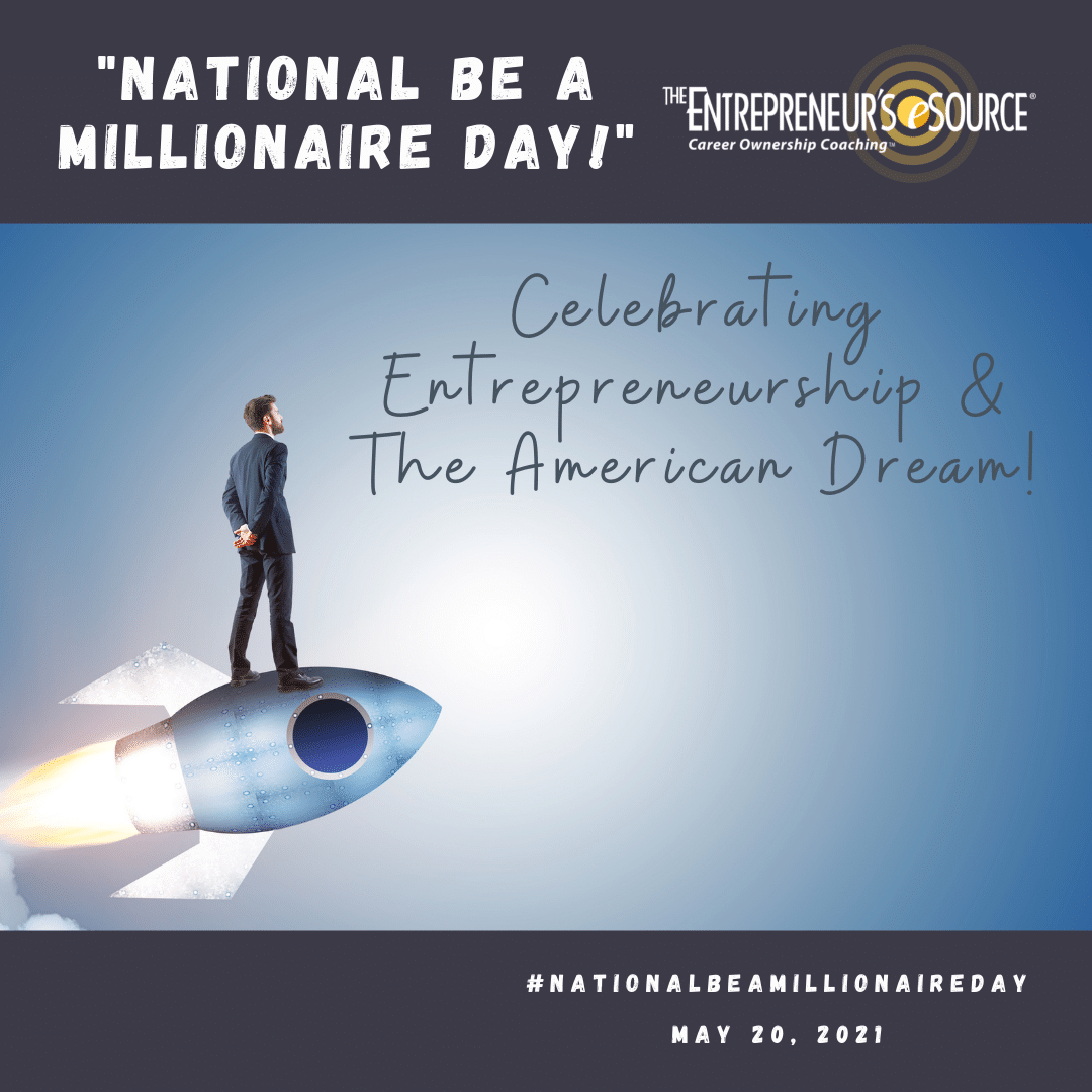 man in suit standing on a blue rocket with National Being a Millionaire Day text