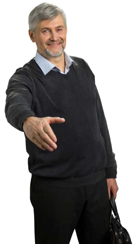 man holding briefcase with a greeting gesture