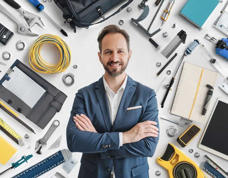 man surrounded by collage of business tools