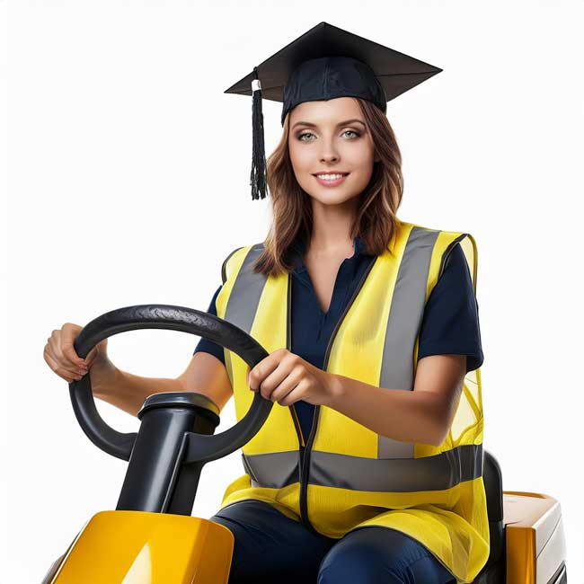 warehouse worker wearing graduation cap