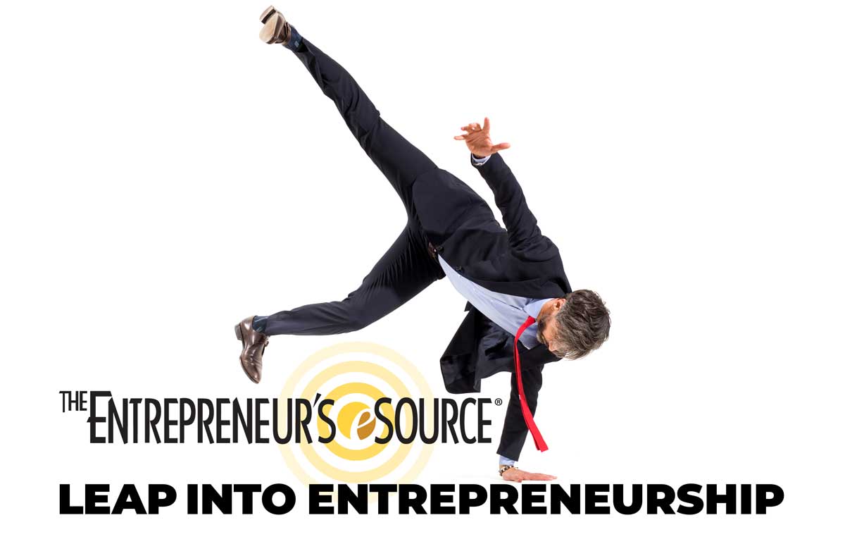 man leaping over headline "Leap into Entrepreneurship