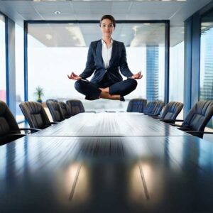 businesswoman floating above conference table