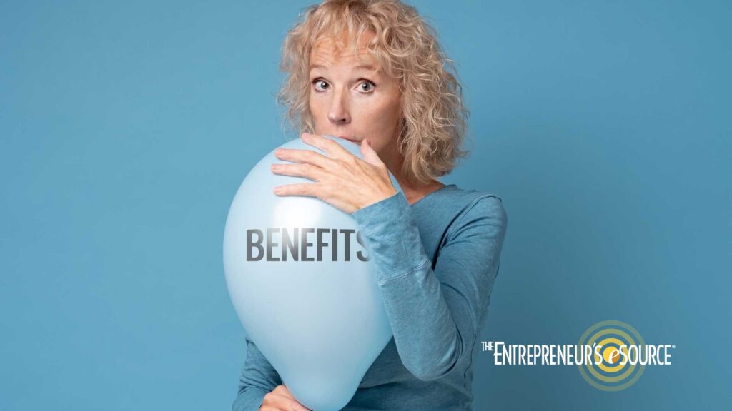 Woman holding a light-blue balloon labeled 'BENEFITS' against a blue background.