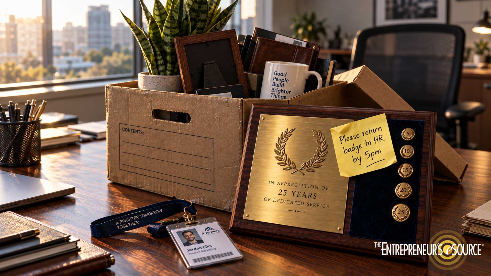 Desk with a cardboard box of office items, a plaque, a name badge, and a plant in a bright windowed office.