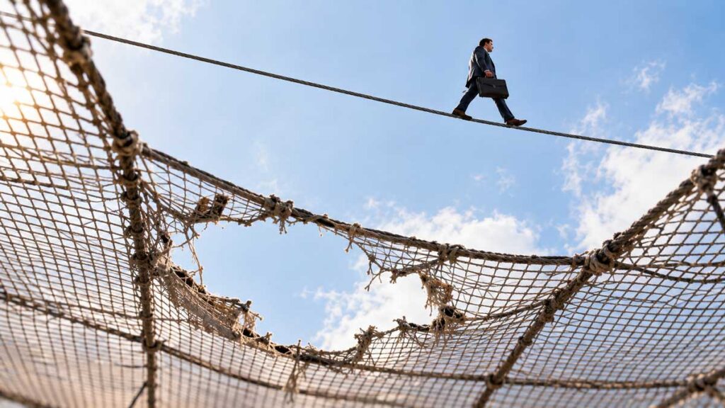 Businessman-Crossing-a-Torn-Safety-Net
